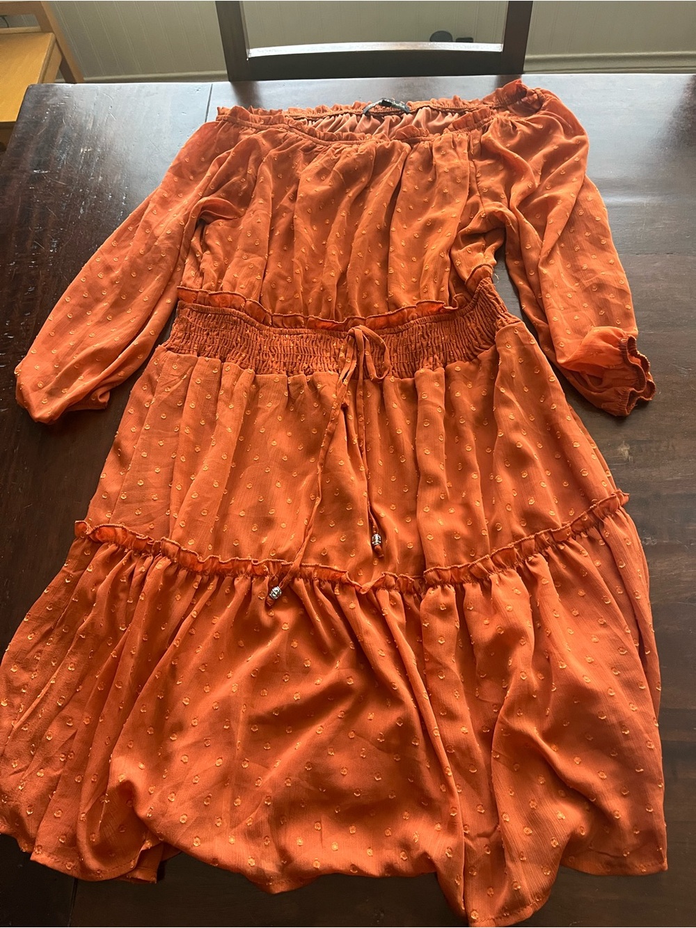 Off-Shoulder Smocked Waist Casual Dress in Burnt Orange